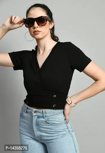 Stylish Cotton Blend Black Solid Regular Sleeves Top For Women