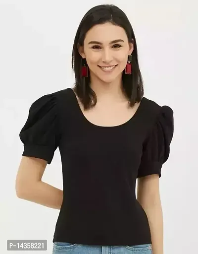 Stylish Cotton Blend Black Solid Puff Sleeves Top For Women-thumb0