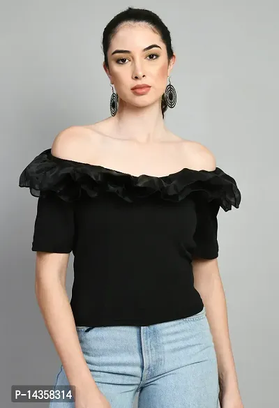 Stylish Polyester Black Solid Cold Shoulder Sleeves Top For Women