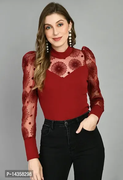 Stylish Cotton Blend Maroon Puff Sleeves Top For Women