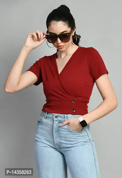 Stylish Cotton Blend Maroon Solid Regular Sleeves Top For Women