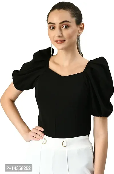 Stylish Cotton Blend Black Solid Puff Sleeves Top For Women-thumb0