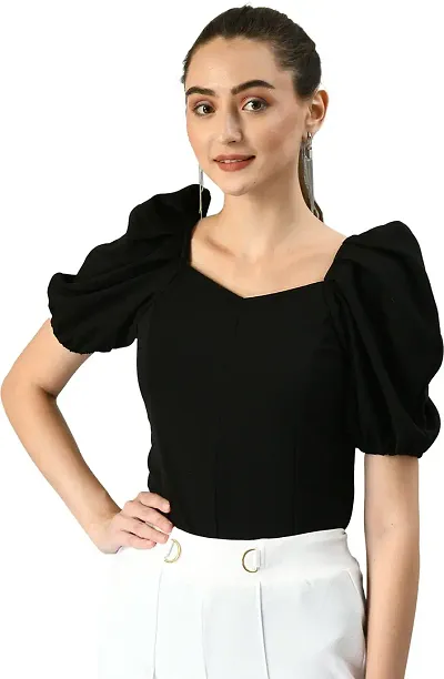 IUGA Women's Crop Sweetheart Neck Half Sleeve Polyester Solid Top