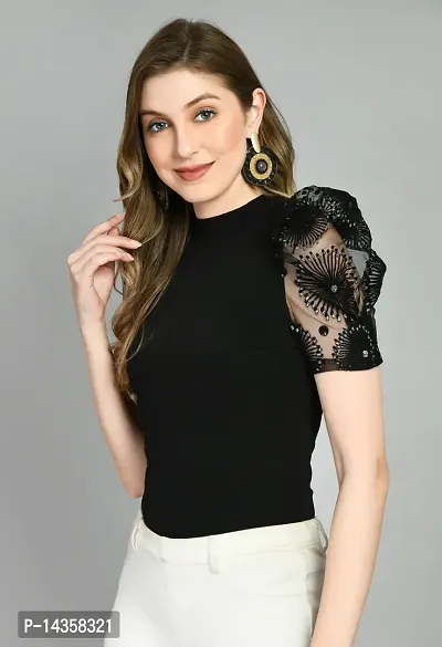 Stylish Cotton Blend Black Solid Puff Sleeves Top For Women