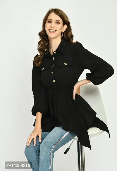 Stylish Cotton Blend Black Solid Balloon Sleeve Top For Women-thumb0