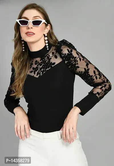 Stylish Cotton Blend Black Embroidered Regular Sleeves Top For Women