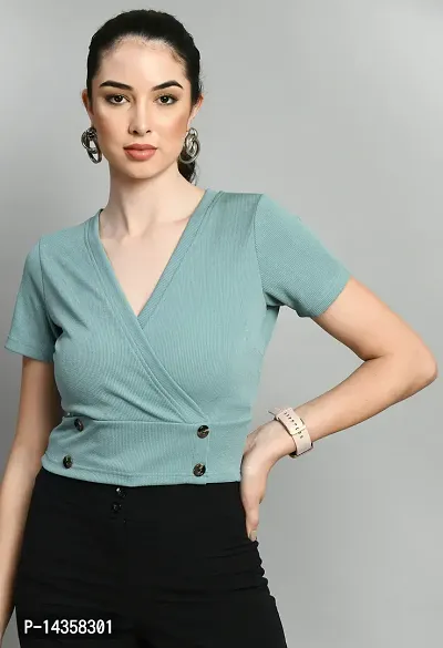 Stylish Polyester Sea Green Solid Regular Sleeves Top For Women