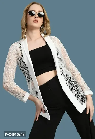 Stylish White Lycra Blended Self Design Shrugs For Women-thumb0