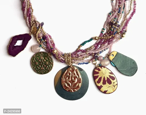 Amaltas Designs Petunia Multi Fringes Charms Pendant Shades of purple  lilac Patina Attached Charms with leather Embroidered Dangles Necklace-thumb2