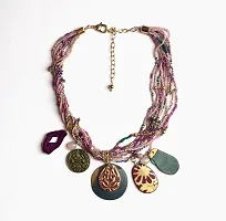 Amaltas Designs Petunia Multi Fringes Charms Pendant Shades of purple  lilac Patina Attached Charms with leather Embroidered Dangles Necklace-thumb2