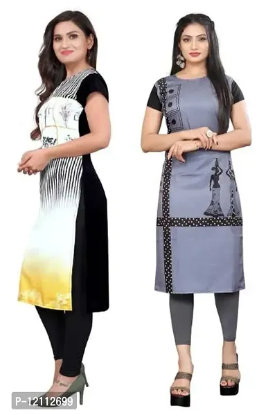 Casual Printed Multicoloured Crepe Kurti For Women Pack Of 2-thumb0