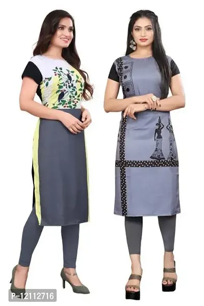 Casual Printed Multicoloured Crepe Kurti For Women Pack Of 2-thumb0