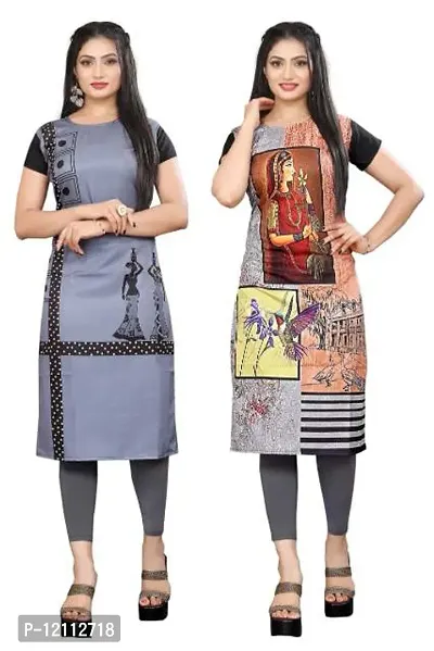 Casual Printed Multicoloured Crepe Kurti For Women Pack Of 2-thumb0