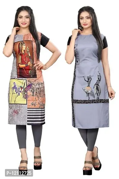 Casual Printed Multicoloured Crepe Kurti For Women Pack Of 2-thumb0