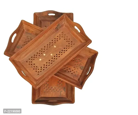 Giftoshopee Wooden Serving Trays Unique Style with Round Handle Large, Medium and Small for Food, Wooden Trays for Breakfast - Natural Wood and Brown (Set of 3)