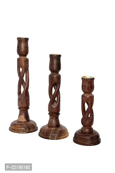 Giftoshopee Wooden Rassi Style Candle Stand Home Decor (Set of 3)-thumb2