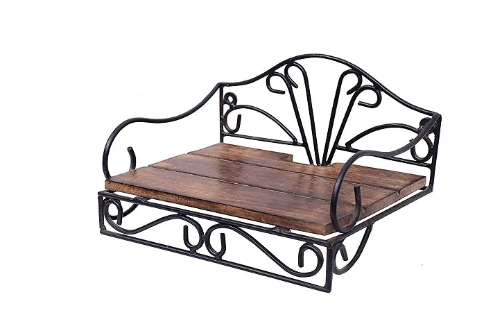 Giftoshopee Wooden & Wrought Iron Wall Bracket | Book Rack , Cloth Hanger , Bathroom Shelf , Wall Vase Stand , Key Hanger , Set Top Box Stand , Wall Mounted Rack ( Rectangular ) 23 x 18 x 10 cm