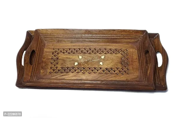 Smarts collection Hand Carved Wooden Serving Tray Set of 2 (Tea, Coffee, Snacks, Water) Decorative Tray/Platter For Home/Kitchen/Table Decor, Square)-thumb3