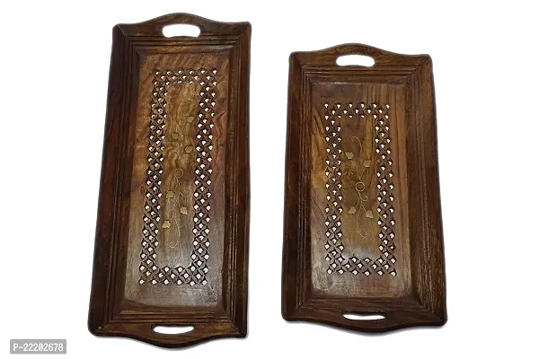 Giftoshopee Hand Carved Wooden Serving Tray Set of 2 (Tea, Coffee, Snacks, Water) Decorative Tray/Platter For Home/Kitchen/Table Decor, Square.