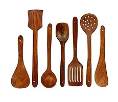 Giftoshopee Wooden Serving and Cooking Spoons Wood Brown Spoons Kitchen Utensil Set of 7-thumb1