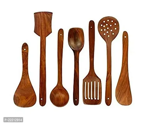 Giftoshopee Wooden Serving and Cooking Spoons Wood Brown Spoons Kitchen Utensil Set of 7-thumb2