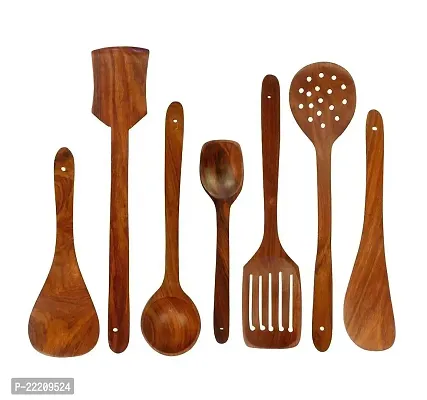 Giftoshopee Wooden Spoon Set of 7 | 2 Frying, 1 Serving, 1 Spatula, 1 Chapati Spoon, 1 Desert, 1 Rice-thumb0