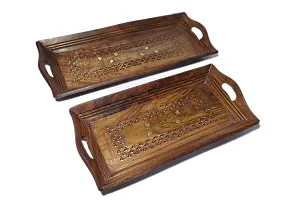 Smarts collection Hand Carved Wooden Serving Tray Set of 2 (Tea, Coffee, Snacks, Water) Decorative Tray/Platter For Home/Kitchen/Table Decor, Square)-thumb4