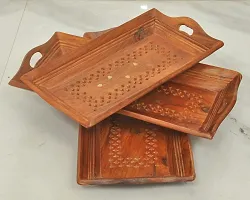 Giftoshopee Wooden Serving Trays Unique Style with Round Handle Large, Medium and Small for Food, Wooden Trays for Breakfast - Natural Wood and Brown (Set of 3)-thumb1