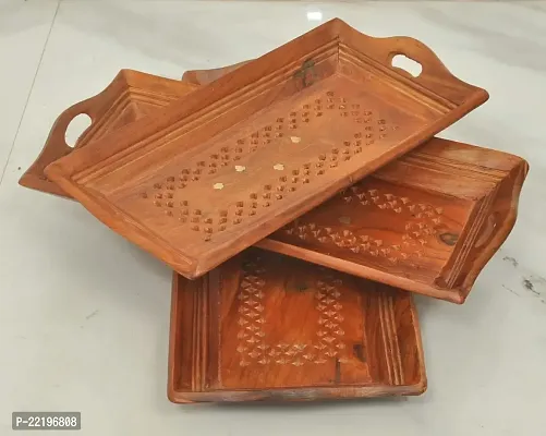 Giftoshopee Wooden Serving Trays Unique Style with Round Handle Large, Medium and Small for Food, Wooden Trays for Breakfast - Natural Wood and Brown (Set of 3)-thumb2