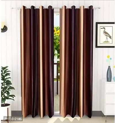 Home MulticolorStripe Polyester Eyelet Pack of 2 Piece Curtain with Abstract Pattern Window (4ft X 5ft)-(Brown Gold)-thumb0