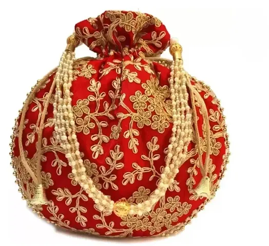 Jaipuri Zari Embroided Silk Potli With Beautiful Pearl Handle For Women (Red)