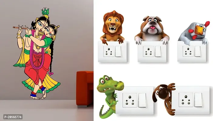 Merical Radhe Krishna and Animals Switch Board Wall Sticker for Living Room, Hall, Bedroom (Material: PVC Vinyl)
