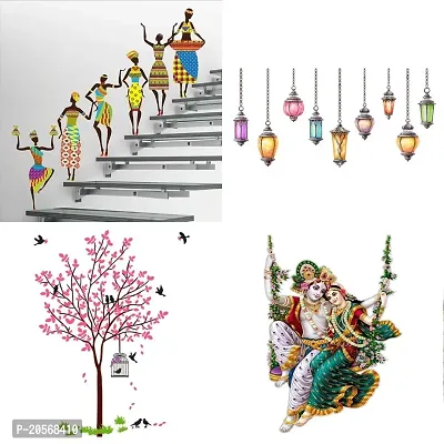 Merical Set of 4 Tribal Lady, Pink Tree Bird  Nest, Royal Ganesh, Royal Peacock, Wall Sticker for Wall D?cor, Living Room, Children Room
