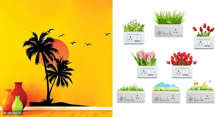 Merical Beach with Sunset and Flowers Switch Board Wall Sticker for Living Room, Hall, Bedroom (Material: PVC Vinyl)