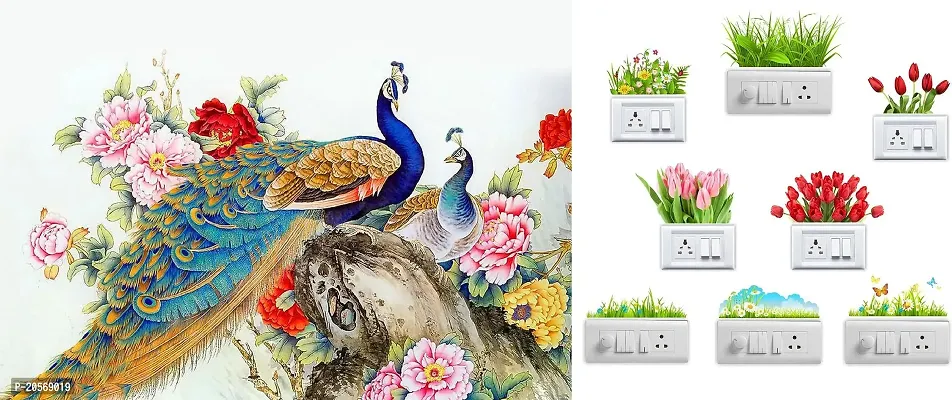 Merical Royal Peacock and Flowers Switch Board Wall Sticker for Living Room, Hall, Bedroom (Material: PVC Vinyl)