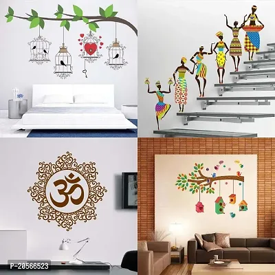 Merical Set of 4 Tribal Lady, Bird House Branch, Birdcase Key, Designer Om, Wall Sticker for Wall D?cor, Living Room, Children Room