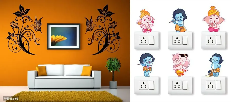 Merical Decorative Florals and Ganesh Switch Board Wall Sticker for Living Room, Hall, Bedroom (Material: PVC Vinyl)