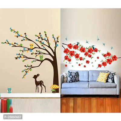 Stylish Combo Of Two Wall Stickers Branch Of Sakura Blossom , Brown Tree Cute Animalswall Decals For Hall, Bedroom -Kitchen-thumb0