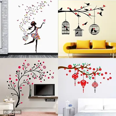 Merical Set of 4 Dreamy Girl, Lovebirds  Hearts, Magical Tree, Red Flower  Lantern Wall Sticker for Wall D?cor, Living Room, Children Room