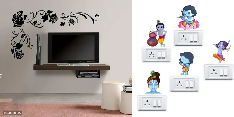 Merical Floral Corner and Krishna Switch Board Wall Sticker for Living Room, Hall, Bedroom (Material: PVC Vinyl)