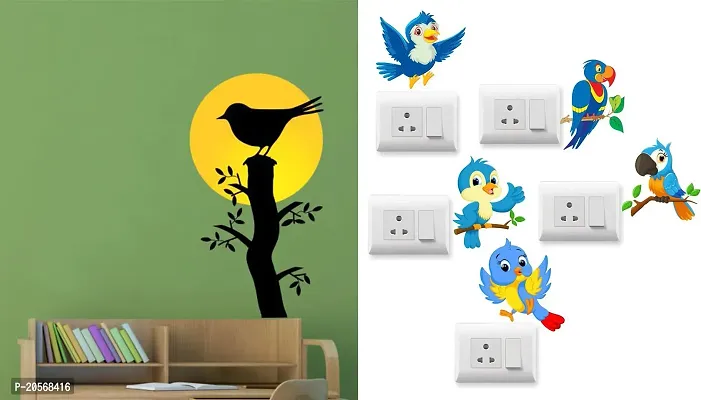 Merical Bird On A Sunrise Branch and Twitter Switch Board Wall Sticker for Living Room, Hall, Bedroom (Material: PVC Vinyl)