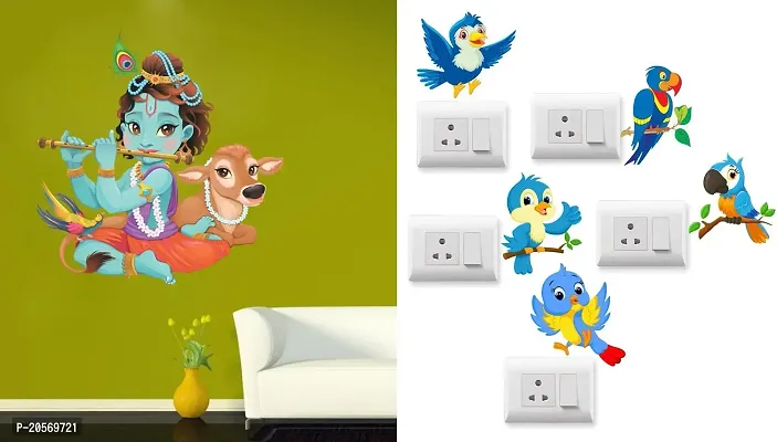 Merical Krishna Playing with Cow and Twitter Switch Board Wall Sticker for Living Room, Hall, Bedroom (Material: PVC Vinyl)