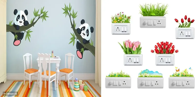 Merical Panda Hanging On A Branch and Flowers Switch Board Wall Sticker for Living Room, Hall, Bedroom (Material: PVC Vinyl)
