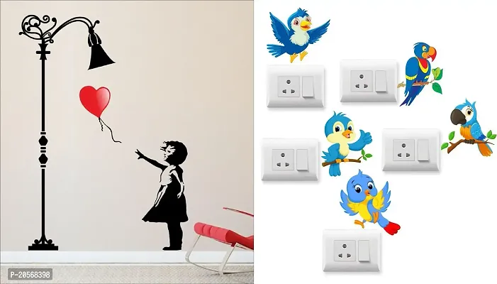Merical Baloon Girl and TwitterBird Switch Board Wall Sticker for Living Room, Hall, Bedroom (Material: PVC Vinyl)-thumb0