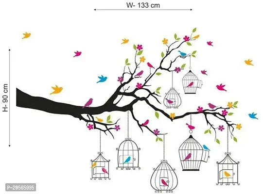 Merical Set of 4 Branches Flowers  BirdCages, Bird House Branch, Birdcase Key, Designer Om, Wall Sticker for Wall D?cor, Living Room, Children Room-thumb2
