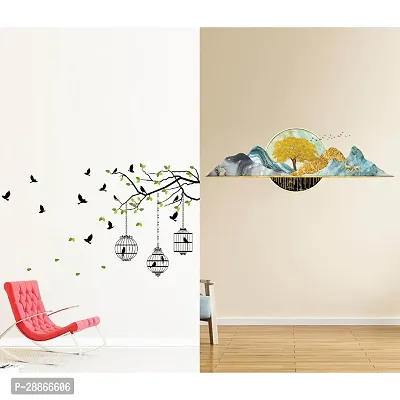 Stylish Combo Of Two Wall Stickers 3D Trees , Flying Birds With Casewall Decals For Hall, Bedroom -Kitchen