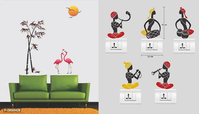 Merical Flamingos and Bamboo and FolkBand Switch Board Wall Sticker for Living Room, Hall, Bedroom (Material: PVC Vinyl)