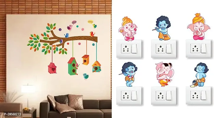 Merical Bird House On A Branch and Ganesh Switch Board Wall Sticker for Living Room, Hall, Bedroom (Material: PVC Vinyl)