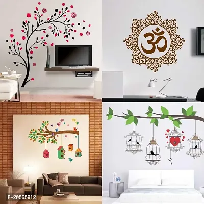 Merical Set of 4 Magical Tree, Bird House Branch, Birdcase Key, Designer Om, Wall Sticker for Wall D?cor, Living Room, Children Room