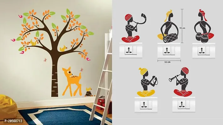 Merical Orange Deer and Tree and Folkband Switch Board Wall Sticker for Living Room, Hall, Bedroom (Material: PVC Vinyl)